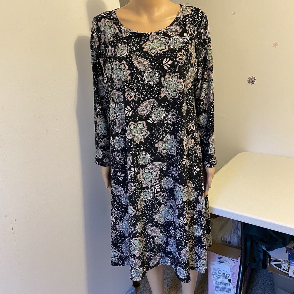 Women Shift Tunic Midi Dress 2X Black Paisley Whimsical Stretch Pullover Comfort